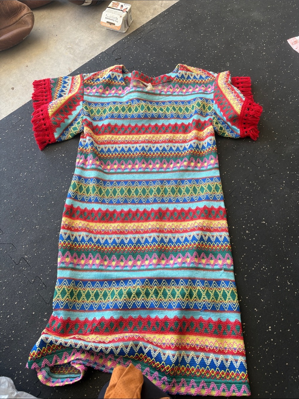 Uncle Frank Multi-Color Knit Dress with Red Fringe Sleeves